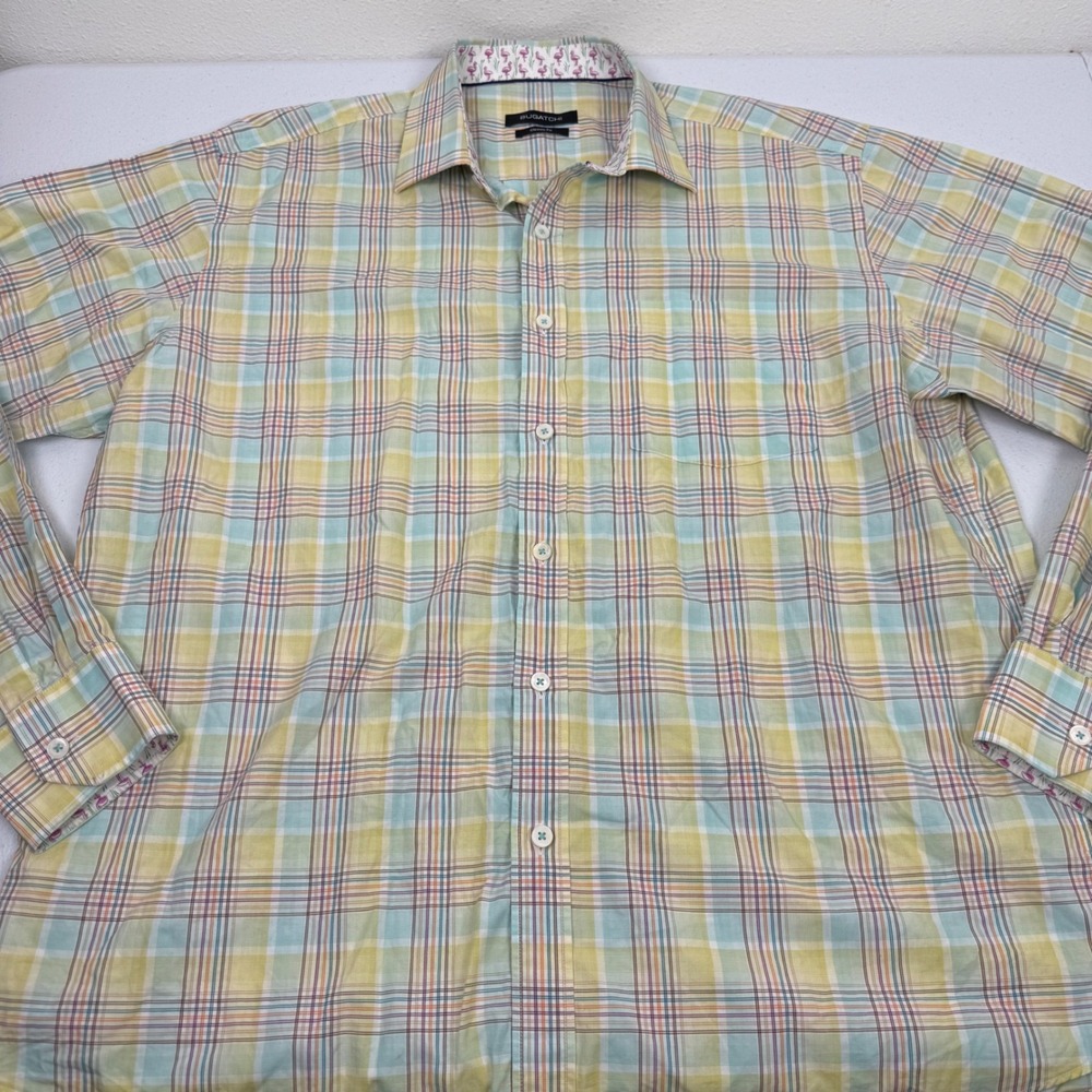 Bugatchi Mens Classic Fit Plaid Button Down Shirt Yellow Green Flamingo Large - Picture 8 of 9